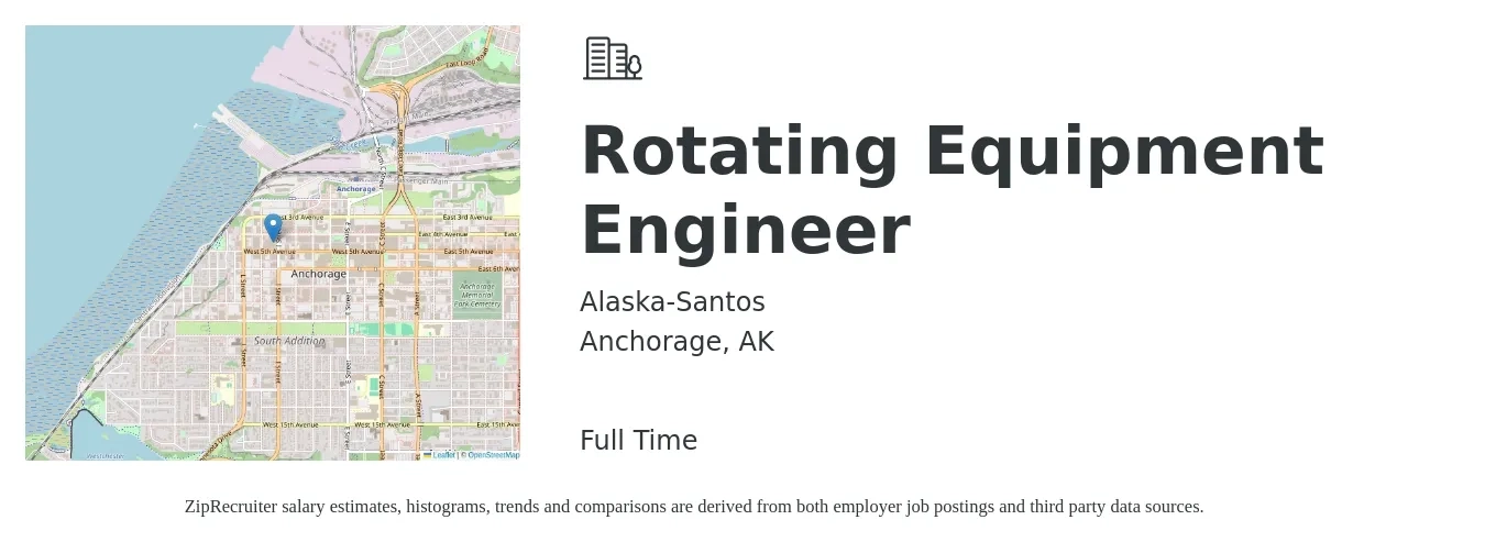 Alaska-Santos job posting for a Rotating Equipment Engineer in Anchorage, AK with a salary of $114,300 to $162,000 Yearly with a map of Anchorage location.
