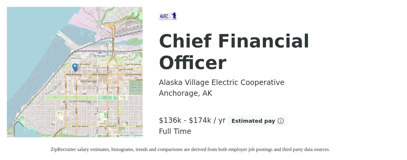 Alaska Village Electric Cooperative job posting for a Chief Financial Officer in Anchorage, AK with a salary of $136,320 to $174,530 Yearly with a map of Anchorage location.