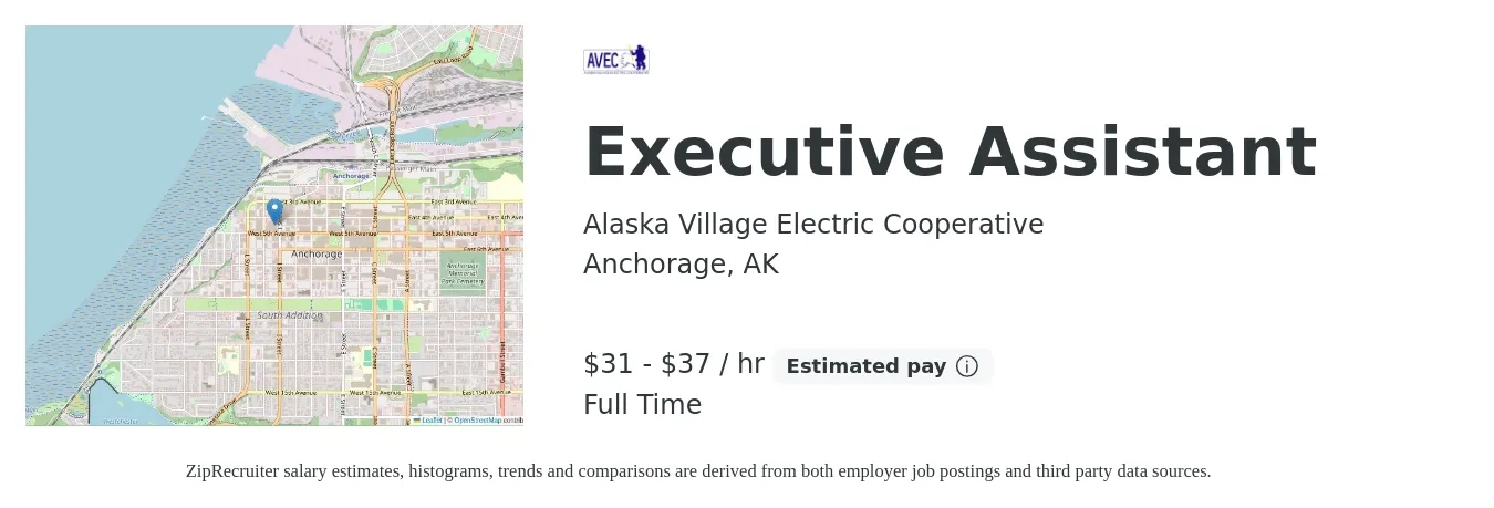 Alaska Village Electric Cooperative job posting for a Executive Assistant in Anchorage, AK with a salary of $33 to $39 Hourly with a map of Anchorage location.