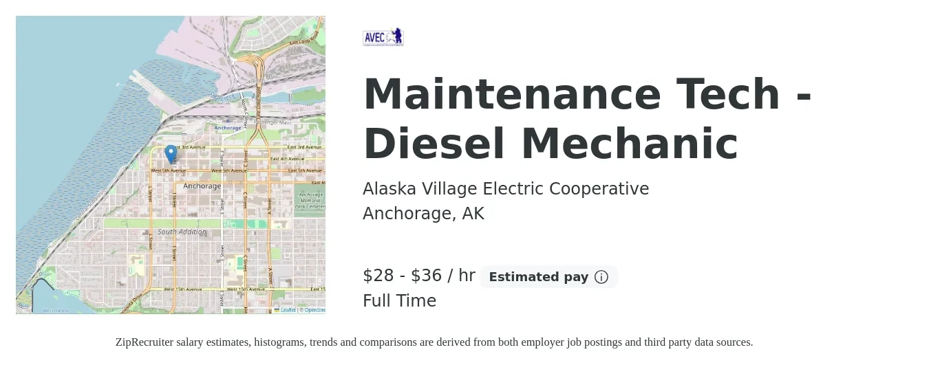 Alaska Village Electric Cooperative job posting for a Maintenance Tech -Diesel Mechanic in Anchorage, AK with a salary of $29 to $38 Hourly with a map of Anchorage location.