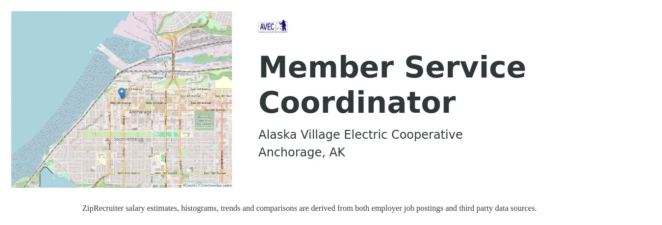 Alaska Village Electric Cooperative job posting for a Member Service Coordinator in Anchorage, AK with a salary of $33 to $39 Hourly with a map of Anchorage location.
