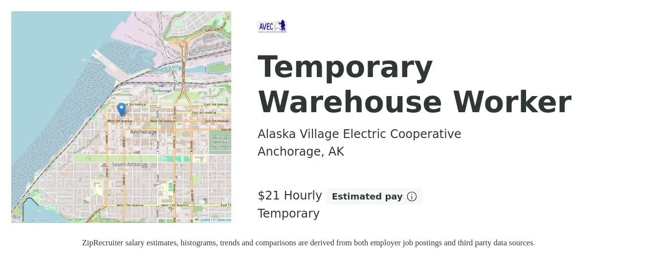 Alaska Village Electric Cooperative job posting for a Temporary Warehouse Worker in Anchorage, AK with a salary of $22 Hourly with a map of Anchorage location.