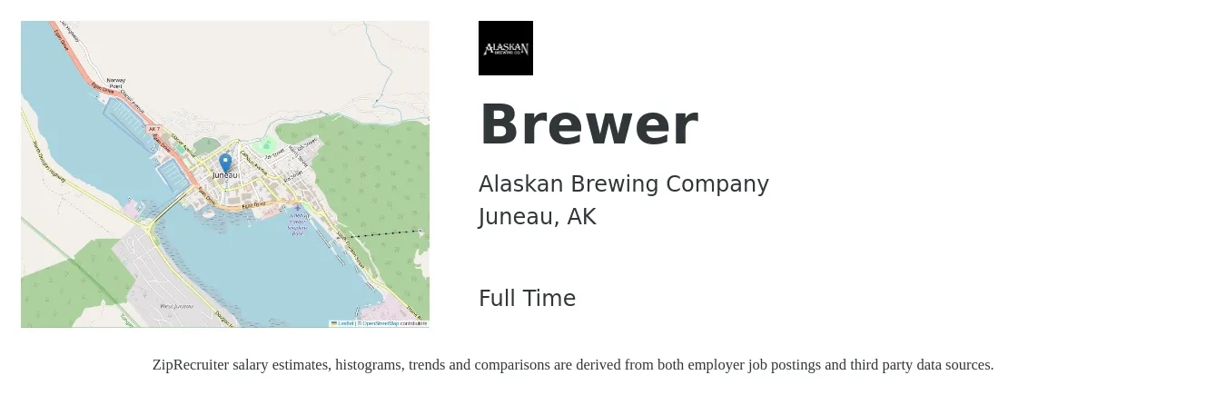 Alaskan Brewing Company job posting for a Brewer in Juneau, AK with a salary of $21 to $26 Hourly with a map of Juneau location.