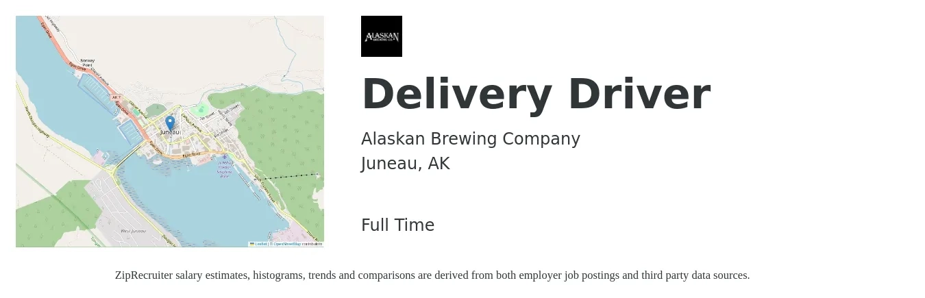 Alaskan Brewing Company job posting for a Delivery Driver in Juneau, AK with a salary of $18 to $22 Hourly with a map of Juneau location.