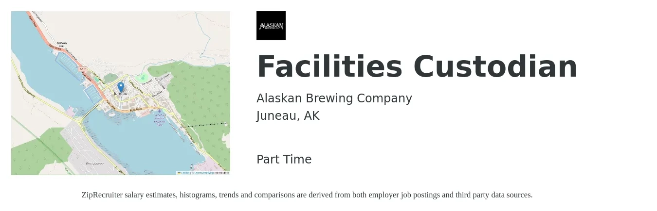 Alaskan Brewing Company job posting for a Facilities Custodian in Juneau, AK with a salary of $16 to $21 Hourly with a map of Juneau location.