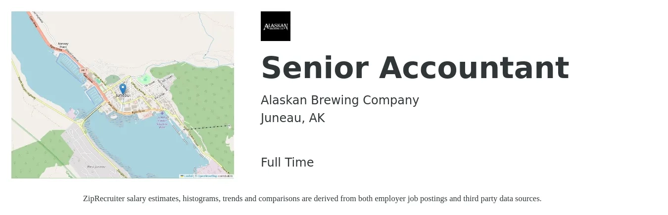 Alaskan Brewing Company job posting for a Senior Accountant in Juneau, AK with a salary of $78,400 to $98,600 Yearly with a map of Juneau location.