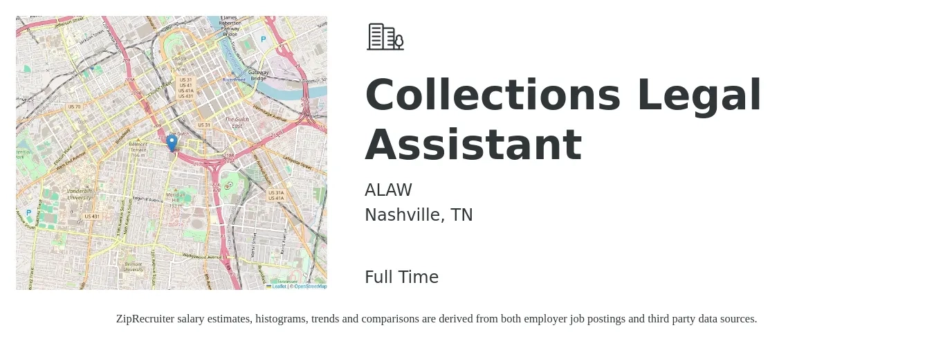 ALAW job posting for a Collections Legal Assistant in Nashville, TN with a salary of $16 to $23 Hourly with a map of Nashville location.