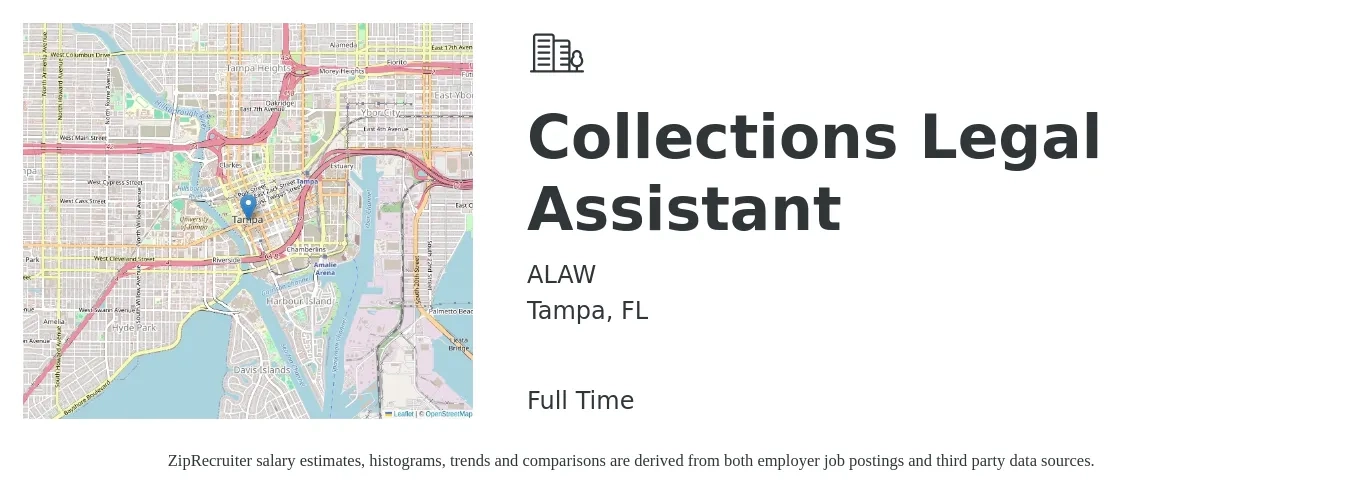 ALAW job posting for a Collections Legal Assistant in Tampa, FL with a salary of $16 to $22 Hourly with a map of Tampa location.