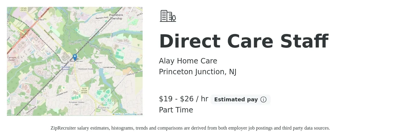 Alay Home Care job posting for a Direct Care Staff in Princeton Junction, NJ with a salary of $20 to $28 Hourly with a map of Princeton Junction location.