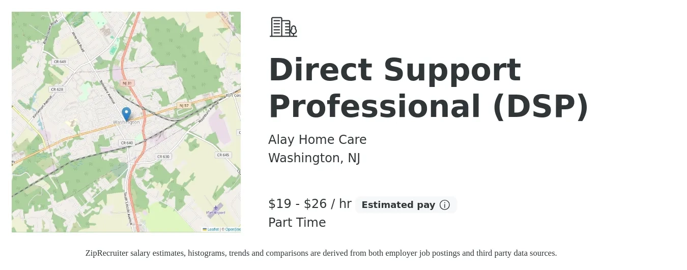 Alay Home Care job posting for a Direct Support Professional - DSP in Washington, NJ with a salary of $20 to $28 Hourly with a map of Washington location.