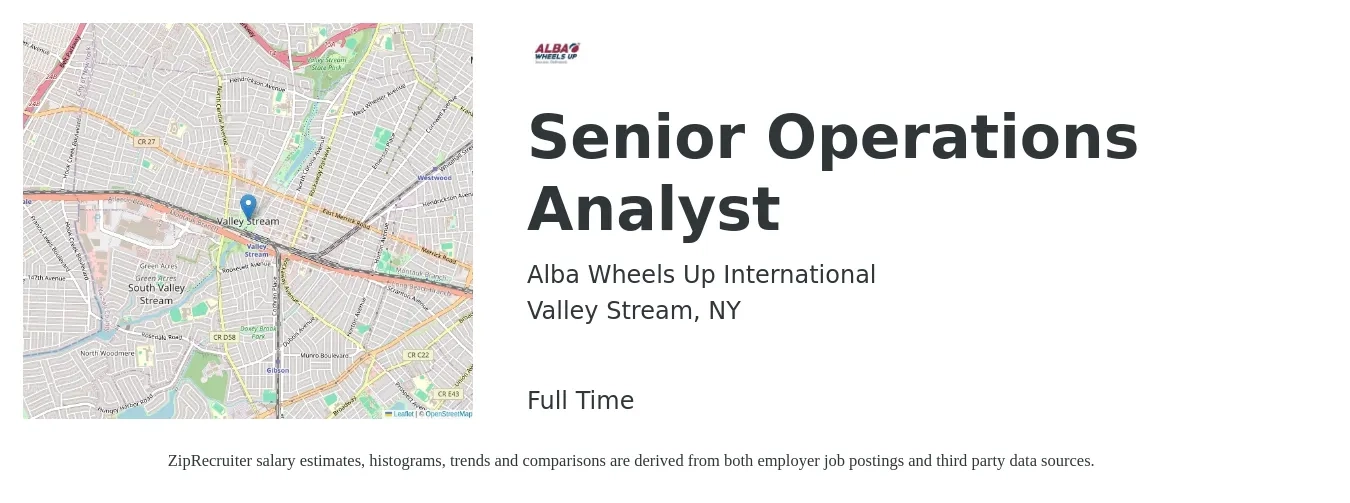 Alba Wheels Up International job posting for a Senior Operations Analyst in Valley Stream, NY with a salary of $83,200 to $114,600 Yearly with a map of Valley Stream location.
