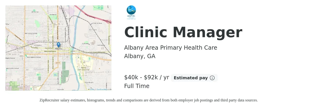 Albany Area Primary Health Care job posting for a Clinic Manager in Albany, GA with a salary of $40,922 to $92,450 Yearly with a map of Albany location.