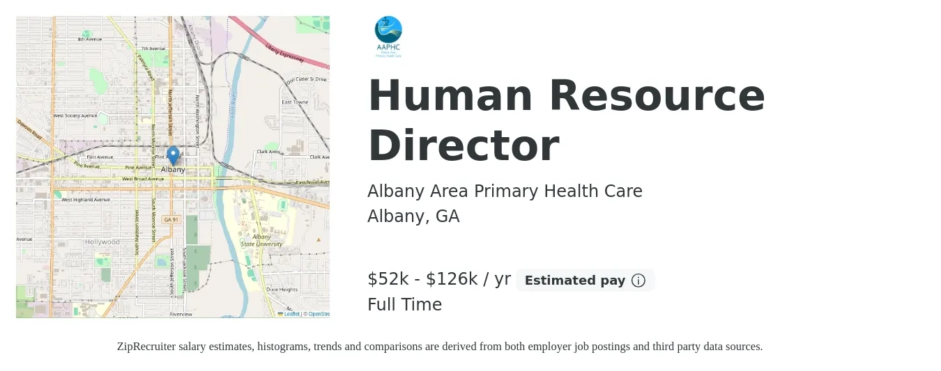 Albany Area Primary Health Care job posting for a Human Resource Director in Albany, GA with a salary of $52,950 to $126,607 Yearly with a map of Albany location.