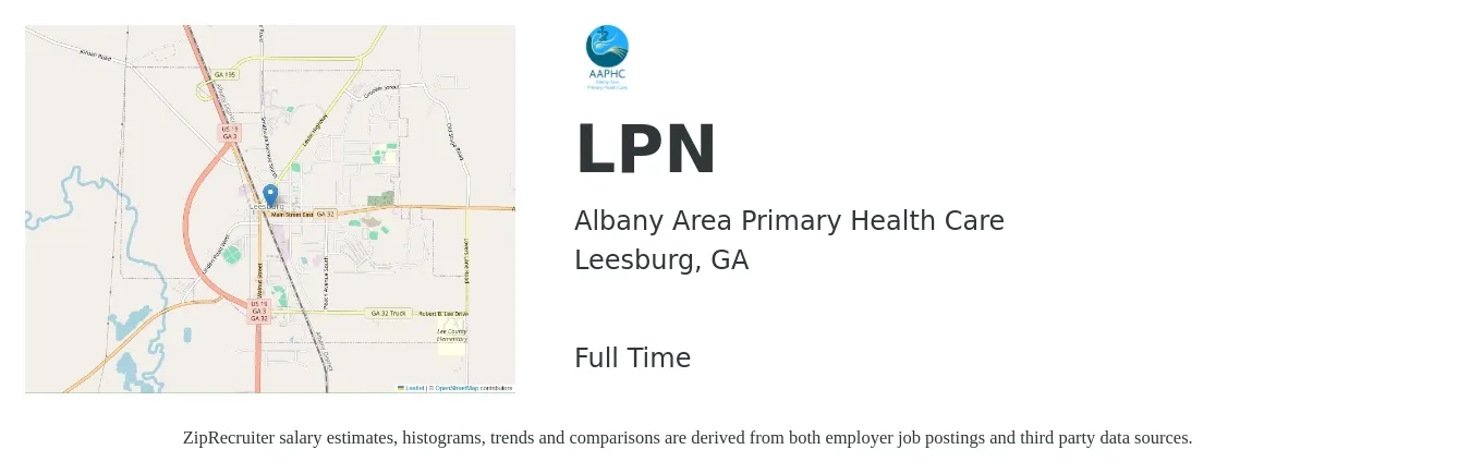 Albany Area Primary Health Care job posting for a LPN in Leesburg, GA with a salary of $21 to $28 Hourly with a map of Leesburg location.