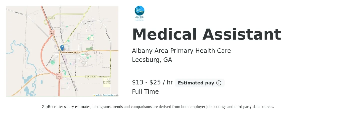 Albany Area Primary Health Care job posting for a Medical Assistant in Leesburg, GA with a salary of $14 to $27 Hourly with a map of Leesburg location.