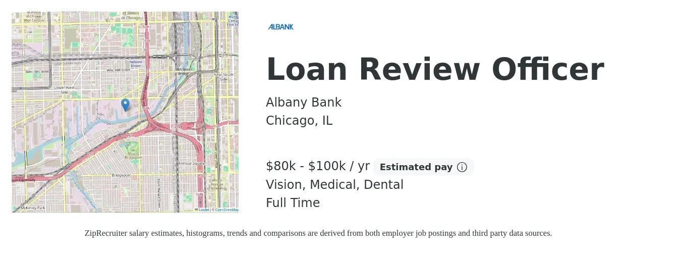 Albany Bank job posting for a Loan Review Officer in Chicago, IL with a salary of $80,000 to $100,000 Yearly and benefits including retirement, vision, dental, life_insurance, medical, and pto with a map of Chicago location.