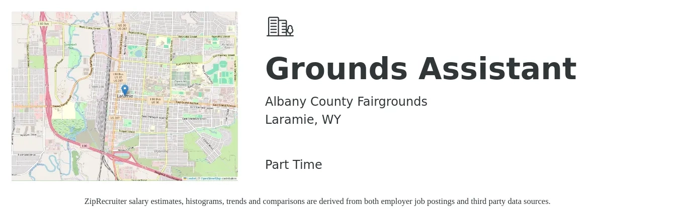 Albany County Fairgrounds job posting for a Grounds Assistant in Laramie, WY with a salary of $16 to $22 Hourly with a map of Laramie location.