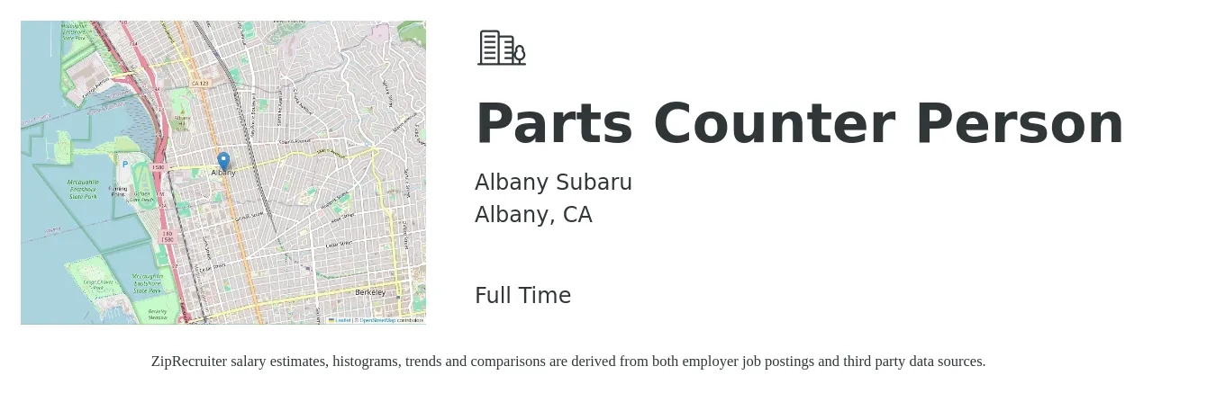 Albany Subaru job posting for a Parts Counter Person in Albany, CA with a salary of $21 to $29 Hourly with a map of Albany location.