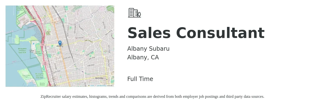 Albany Subaru job posting for a Sales Consultant in Albany, CA with a salary of $47,400 to $93,000 Yearly with a map of Albany location.