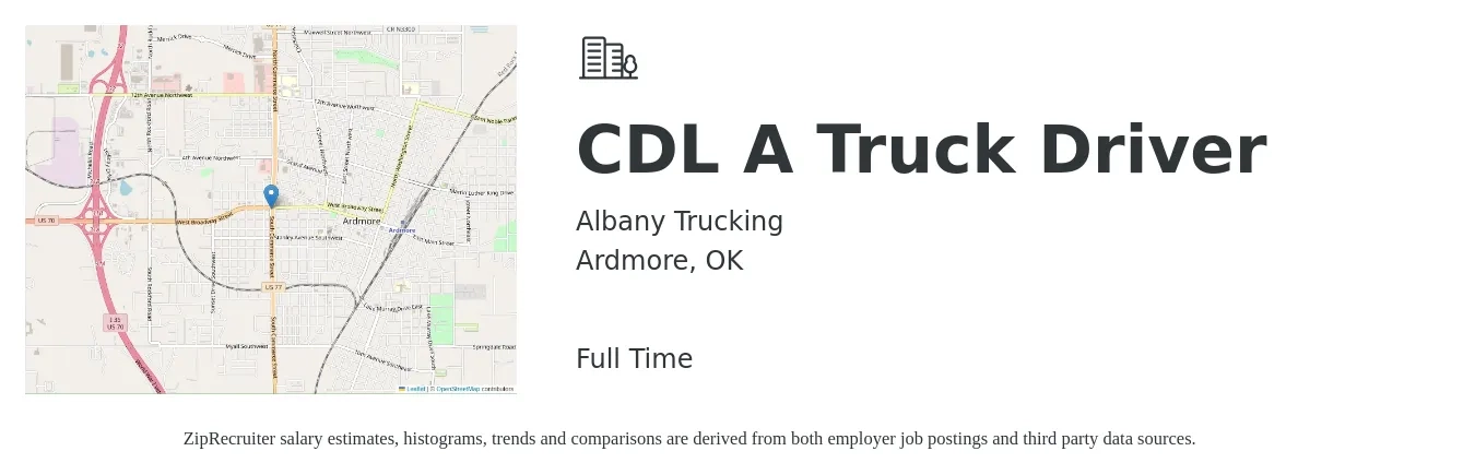 Albany Trucking job posting for a CDL A Truck Driver in Ardmore, OK with a salary of $1,500 to $1,600 Weekly with a map of Ardmore location.