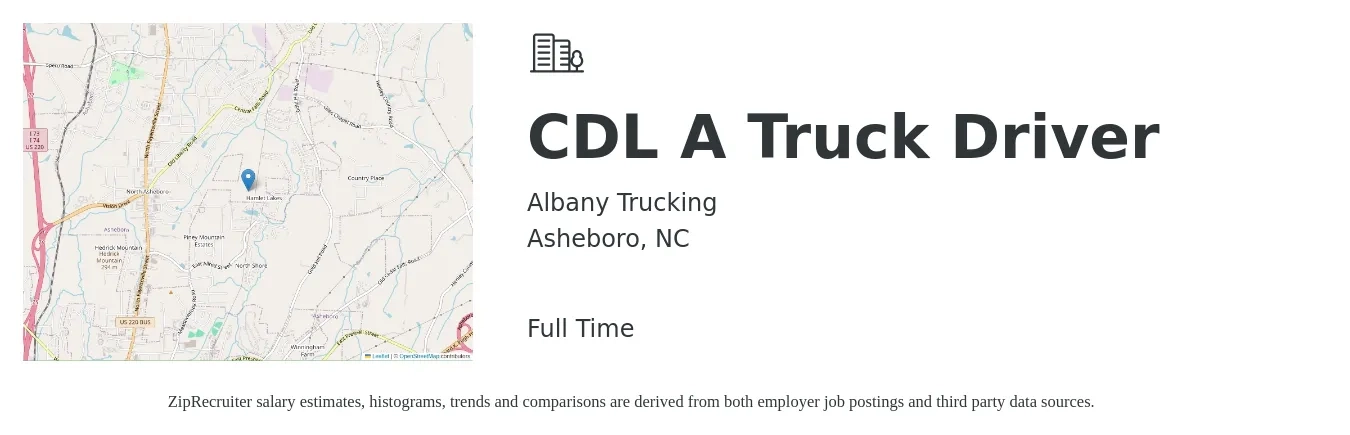 Albany Trucking job posting for a CDL A Truck Driver in Asheboro, NC with a salary of $1,500 to $1,600 Weekly with a map of Asheboro location.