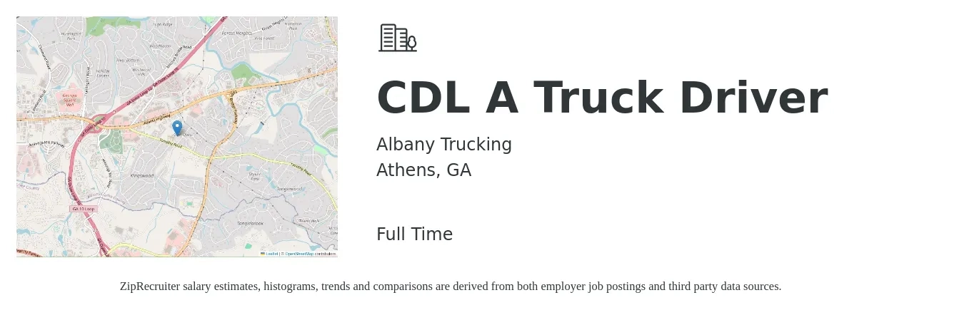 Albany Trucking job posting for a CDL A Truck Driver in Athens, GA with a salary of $1,500 to $1,600 Weekly with a map of Athens location.