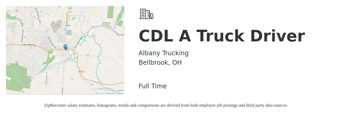 Albany Trucking job posting for a CDL A Truck Driver in Bellbrook, OH with a salary of $1,500 to $1,600 Weekly with a map of Bellbrook location.