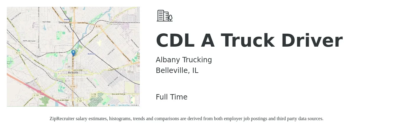 Albany Trucking job posting for a CDL A Truck Driver in Belleville, IL with a salary of $1,500 to $1,600 Weekly with a map of Belleville location.