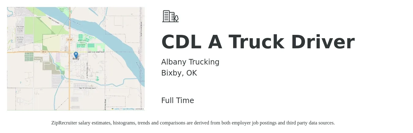 Albany Trucking job posting for a CDL A Truck Driver in Bixby, OK with a salary of $1,500 to $1,600 Weekly with a map of Bixby location.