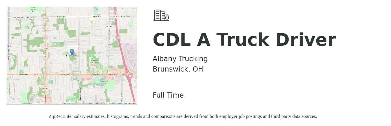 Albany Trucking job posting for a CDL A Truck Driver in Brunswick, OH with a salary of $1,500 to $1,600 Weekly with a map of Brunswick location.