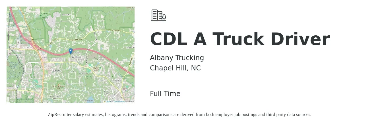 Albany Trucking job posting for a CDL A Truck Driver in Chapel Hill, NC with a salary of $1,500 to $1,600 Weekly with a map of Chapel Hill location.