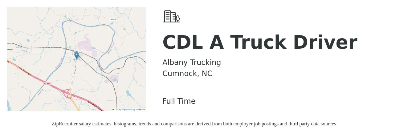 Albany Trucking job posting for a CDL A Truck Driver in Cumnock, NC with a salary of $1,500 to $1,600 Weekly with a map of Cumnock location.