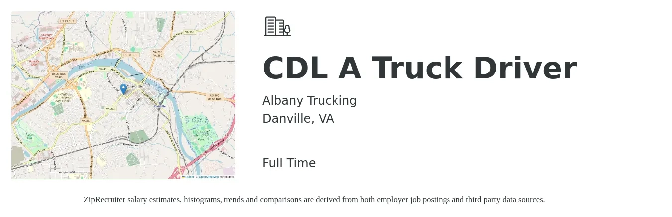 Albany Trucking job posting for a CDL A Truck Driver in Danville, VA with a salary of $1,500 to $1,600 Weekly with a map of Danville location.