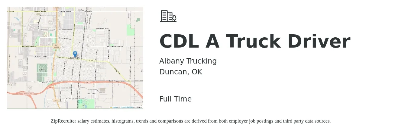 Albany Trucking job posting for a CDL A Truck Driver in Duncan, OK with a salary of $1,500 to $1,600 Weekly with a map of Duncan location.