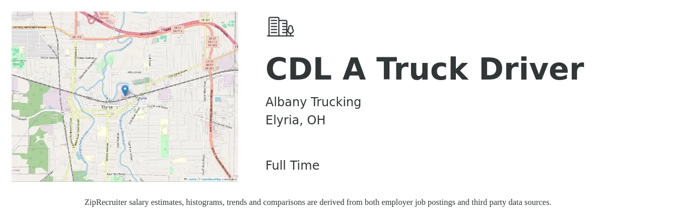 Albany Trucking job posting for a CDL A Truck Driver in Elyria, OH with a salary of $1,500 to $1,600 Weekly with a map of Elyria location.