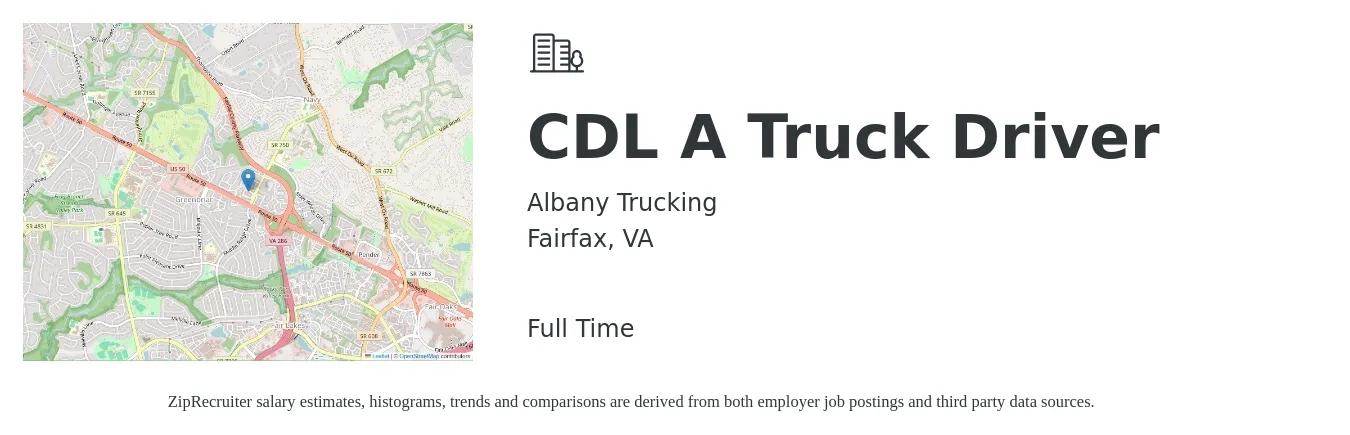 Albany Trucking job posting for a CDL A Truck Driver in Fairfax, VA with a salary of $1,500 to $1,600 Weekly with a map of Fairfax location.