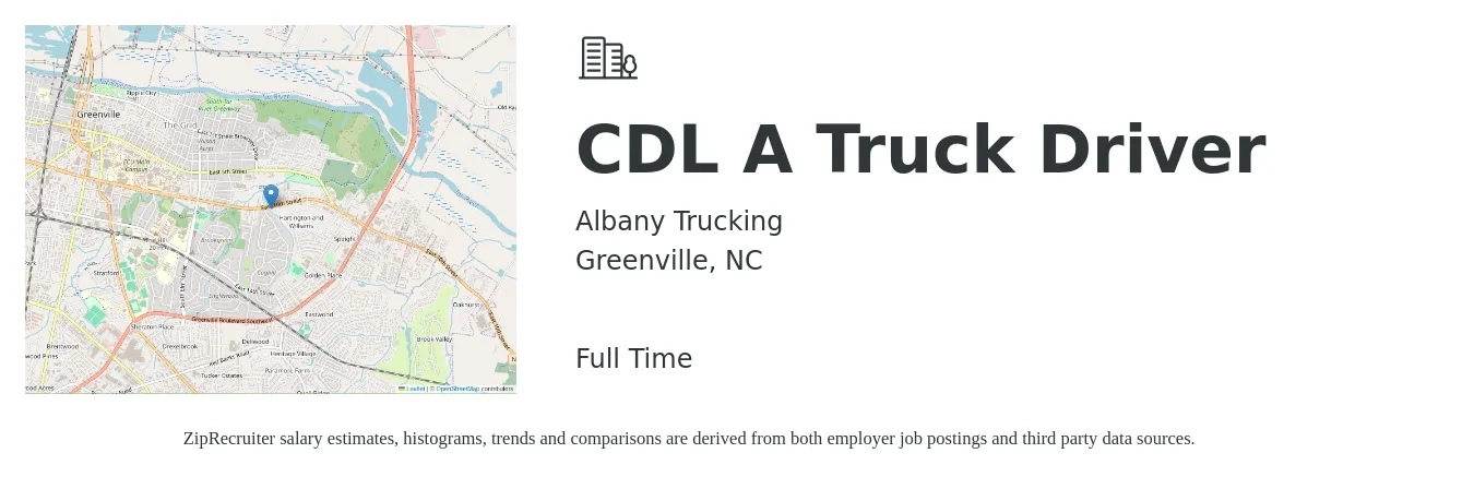 Albany Trucking job posting for a CDL A Truck Driver in Greenville, NC with a salary of $1,500 to $1,600 Weekly with a map of Greenville location.