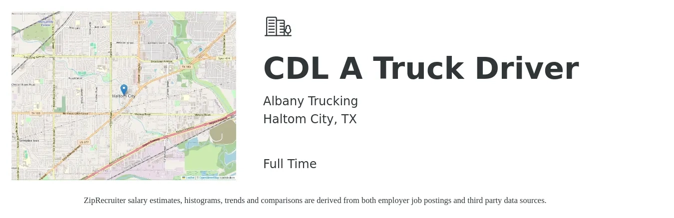 Albany Trucking job posting for a CDL A Truck Driver in Haltom City, TX with a salary of $1,500 to $1,600 Weekly with a map of Haltom City location.