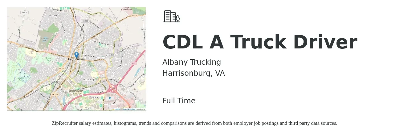 Albany Trucking job posting for a CDL A Truck Driver in Harrisonburg, VA with a salary of $1,500 to $1,600 Weekly with a map of Harrisonburg location.