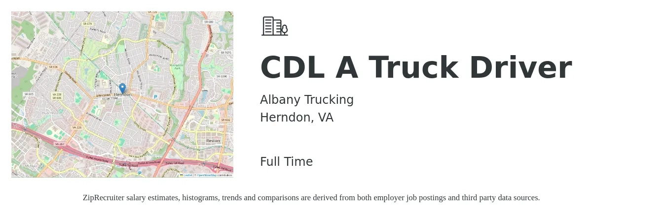 Albany Trucking job posting for a CDL A Truck Driver in Herndon, VA with a salary of $1,500 to $1,600 Weekly with a map of Herndon location.