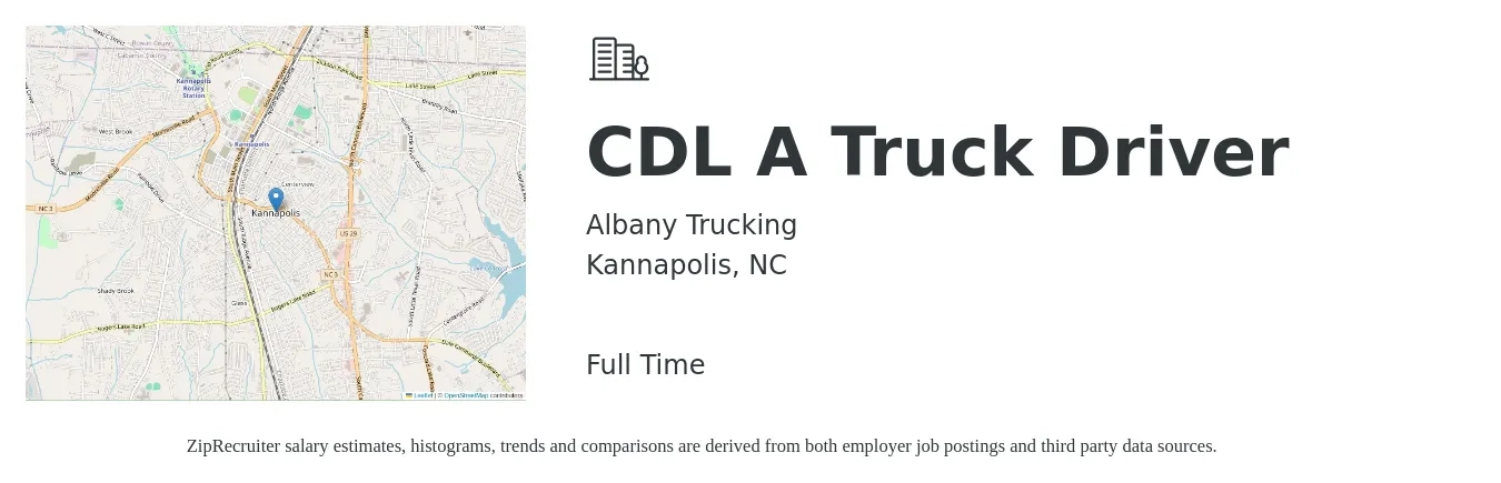 Albany Trucking job posting for a CDL A Truck Driver in Kannapolis, NC with a salary of $1,500 to $1,600 Weekly with a map of Kannapolis location.