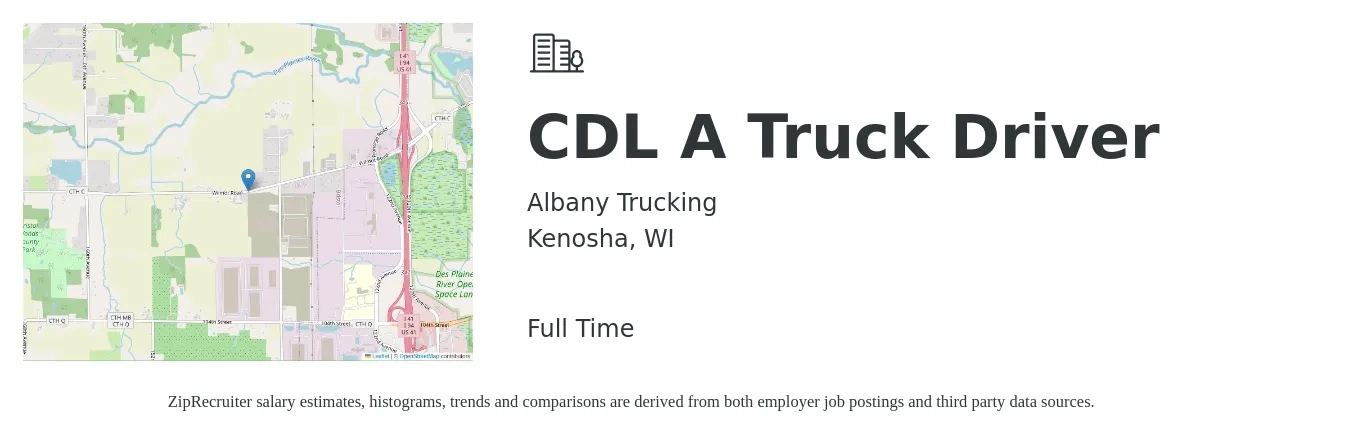 Albany Trucking job posting for a CDL A Truck Driver in Kenosha, WI with a salary of $1,500 to $1,600 Weekly with a map of Kenosha location.