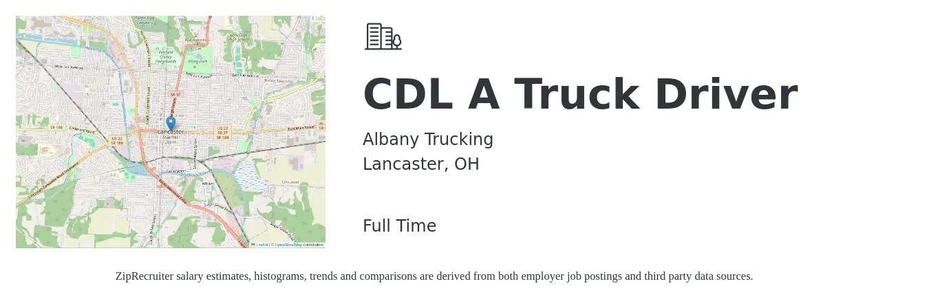 Albany Trucking job posting for a CDL A Truck Driver in Lancaster, OH with a salary of $1,500 to $1,600 Weekly with a map of Lancaster location.