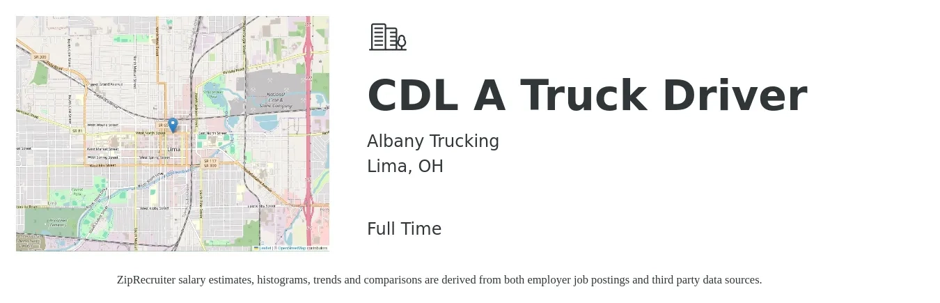 Albany Trucking job posting for a CDL A Truck Driver in Lima, OH with a salary of $1,500 to $1,600 Weekly with a map of Lima location.