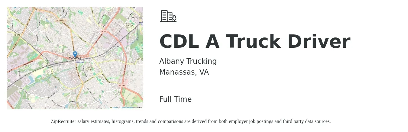 Albany Trucking job posting for a CDL A Truck Driver in Manassas, VA with a salary of $1,500 to $1,600 Weekly with a map of Manassas location.