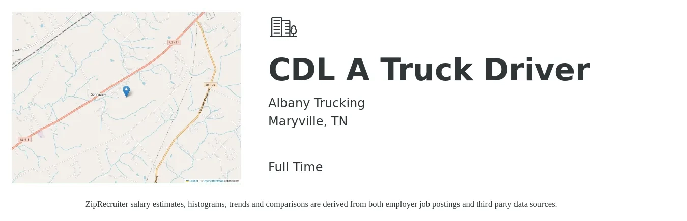 Albany Trucking job posting for a CDL A Truck Driver in Maryville, TN with a salary of $1,500 to $1,600 Weekly with a map of Maryville location.
