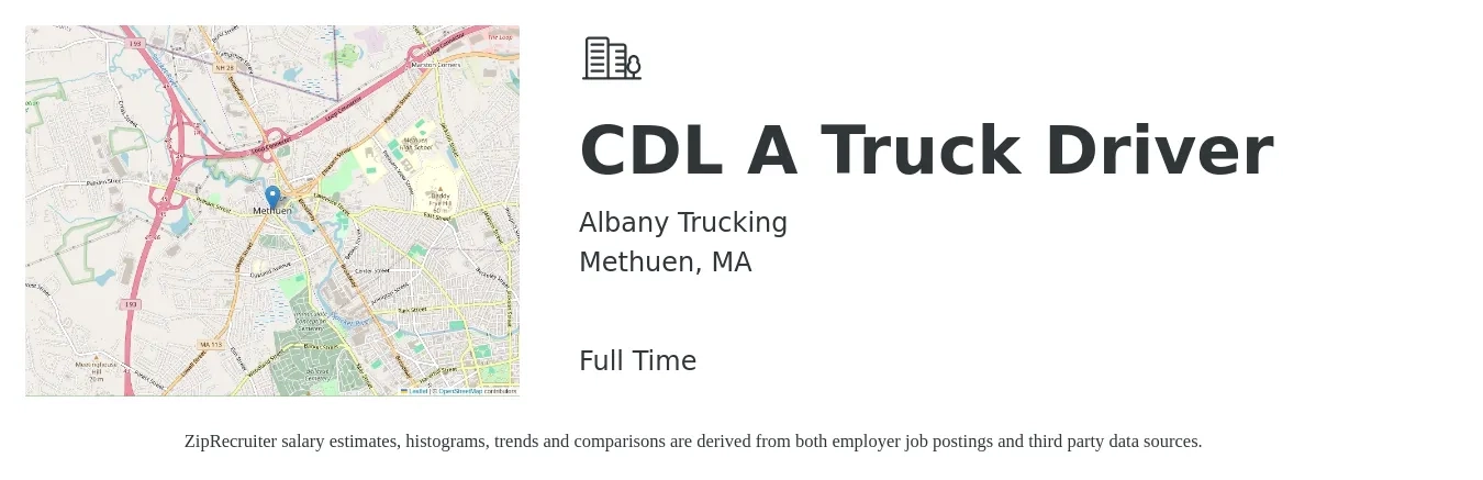 Albany Trucking job posting for a CDL A Truck Driver in Methuen, MA with a salary of $1,500 to $1,600 Weekly with a map of Methuen location.
