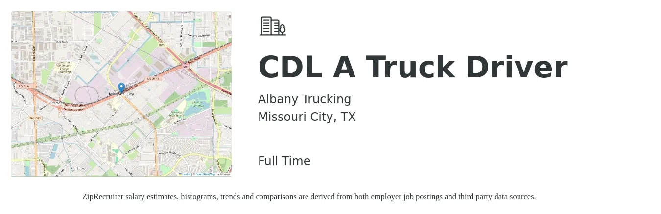 Albany Trucking job posting for a CDL A Truck Driver in Missouri City, TX with a salary of $1,500 to $1,600 Weekly with a map of Missouri City location.