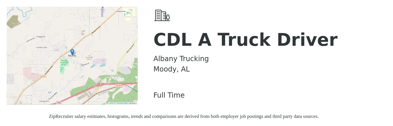 Albany Trucking job posting for a CDL A Truck Driver in Moody, AL with a salary of $1,500 to $1,600 Weekly with a map of Moody location.