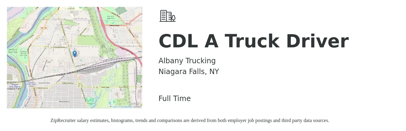 Albany Trucking job posting for a CDL A Truck Driver in Niagara Falls, NY with a salary of $1,500 to $1,600 Weekly with a map of Niagara Falls location.